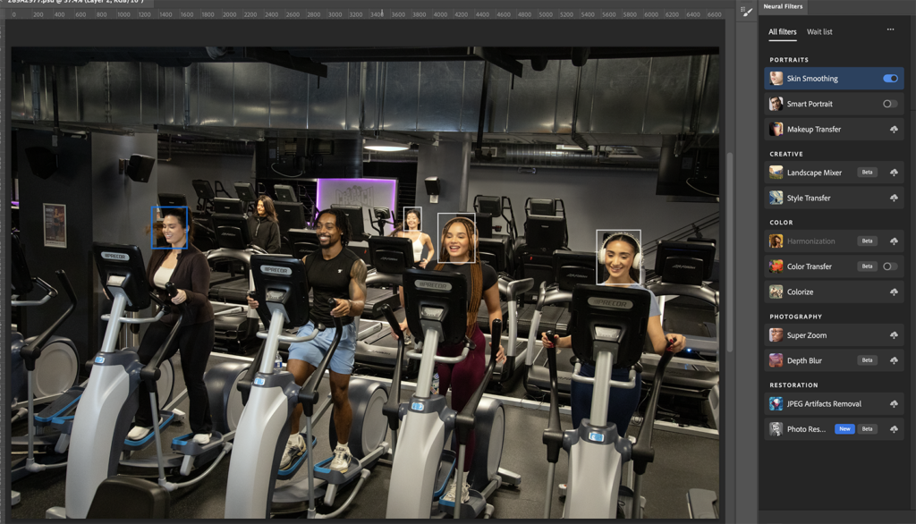 group of six people on cardio equipment, but only four have boxes around faces to symbolize they are recognized by Neural Filters