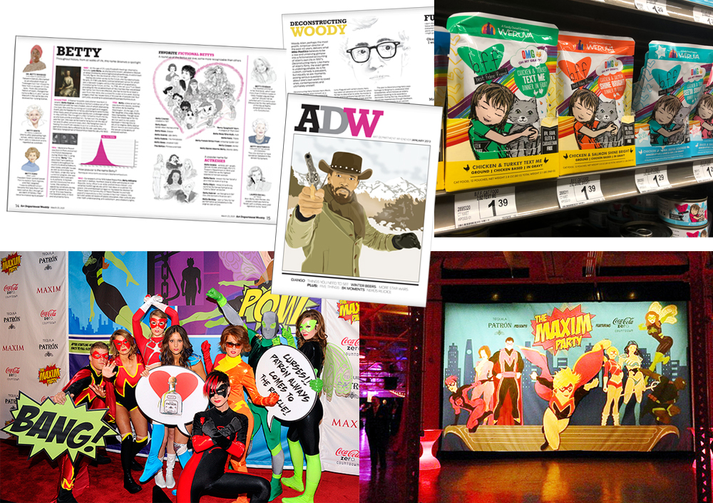 collage of magazine editorial spreads, cat food packaging, and party signage using Madeline's illustrations