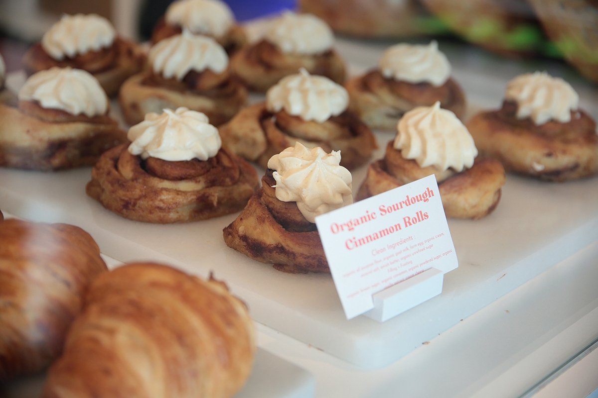 display of cinnamon rolls for sale