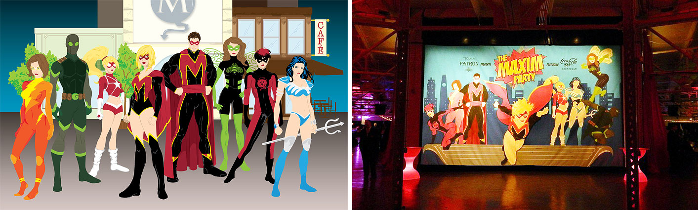 super hero illustration for Maxim at the Super Bowl party entrance